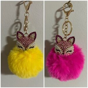 Faux Fox Pearl Ball Rhinestone Kaychains Pink/Yellow